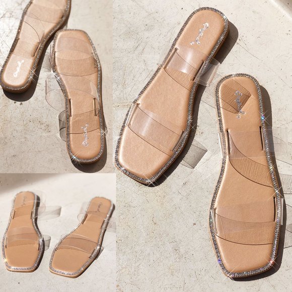 NEW Clear Sparkly Rhinestone Embellished Double Straps Slip On Slides Sandals - Picture 12 of 15